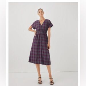 NWOT Pact Winter Blooms Coastal Double Gauze Gingham Short Sleeve Dress